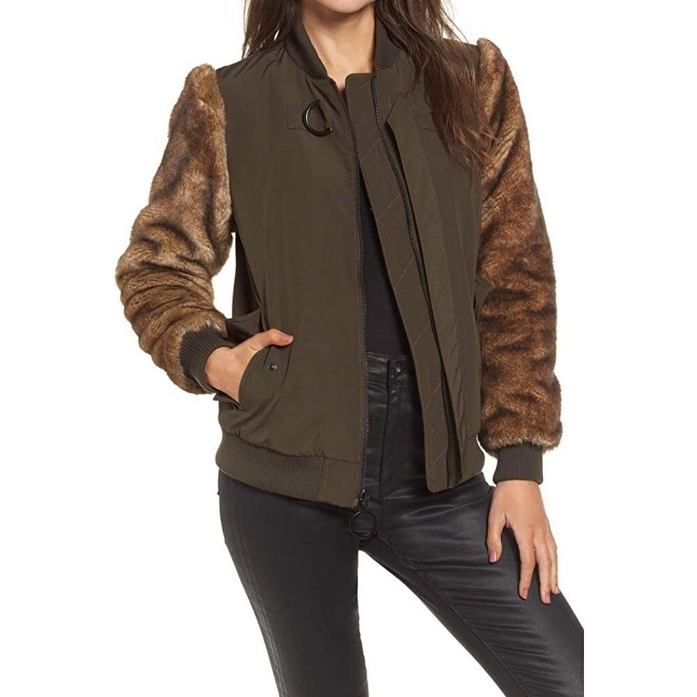 NWT|KENDALL & KYLIE Army Green Faux Fur Sleeve Bomber Jacket, SMALL